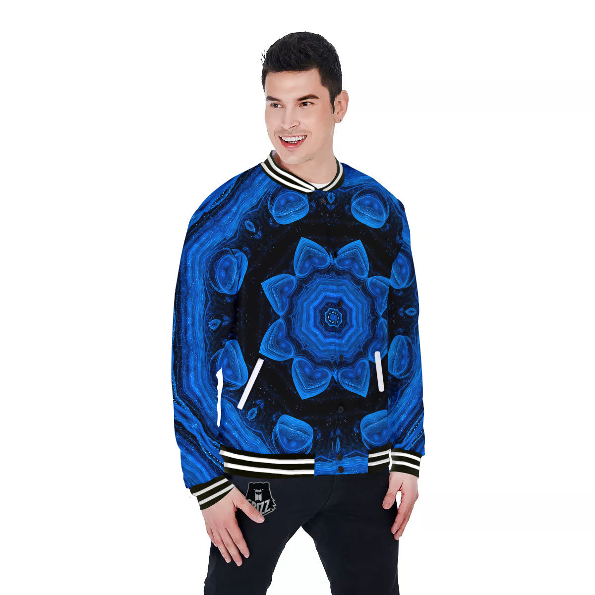 Blue Dark Kaleidoscope Print Baseball Jacket-grizzshop