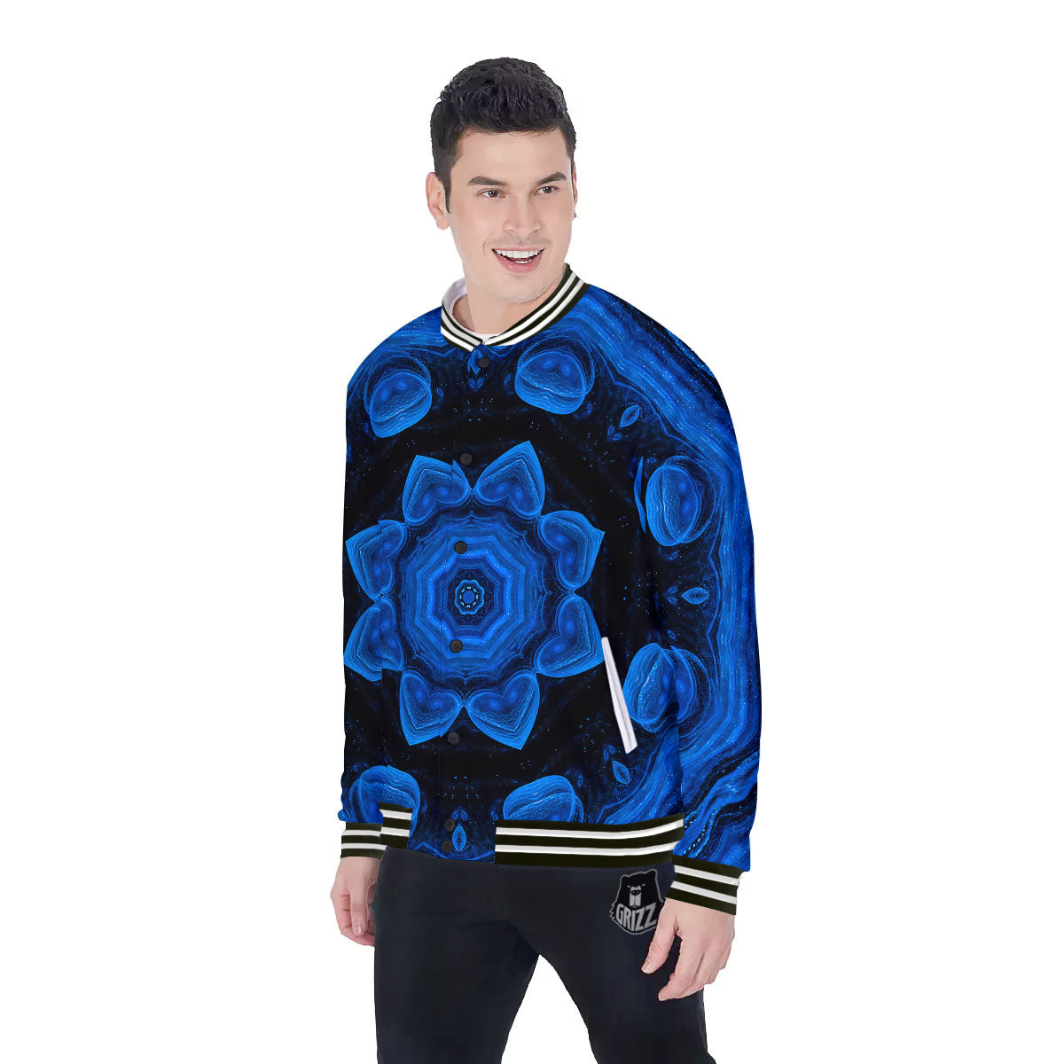 Blue Dark Kaleidoscope Print Baseball Jacket-grizzshop