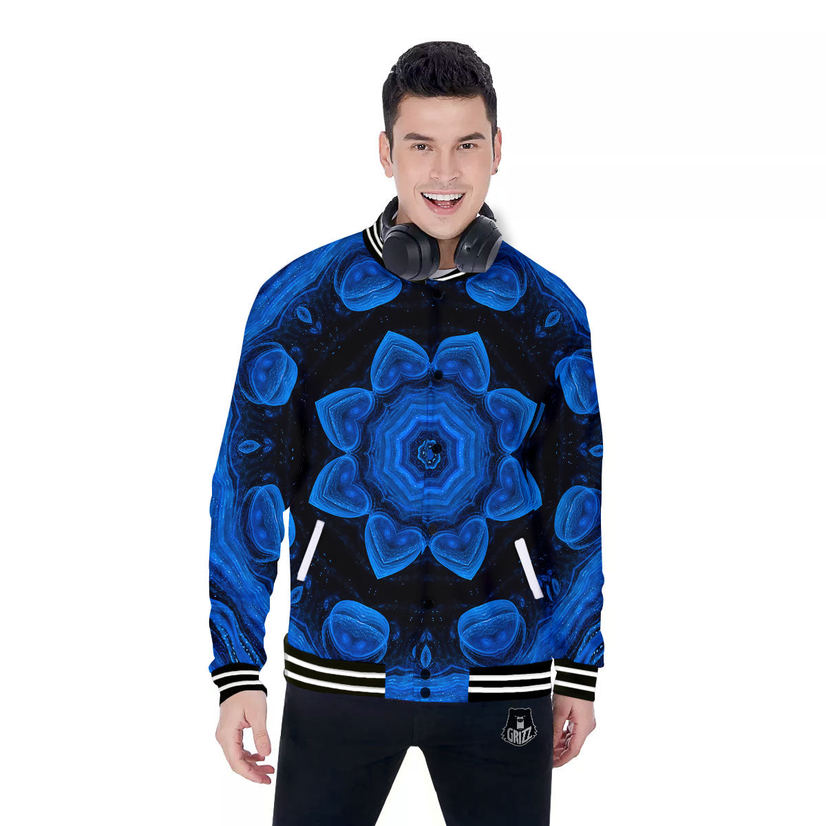 Blue Dark Kaleidoscope Print Baseball Jacket-grizzshop