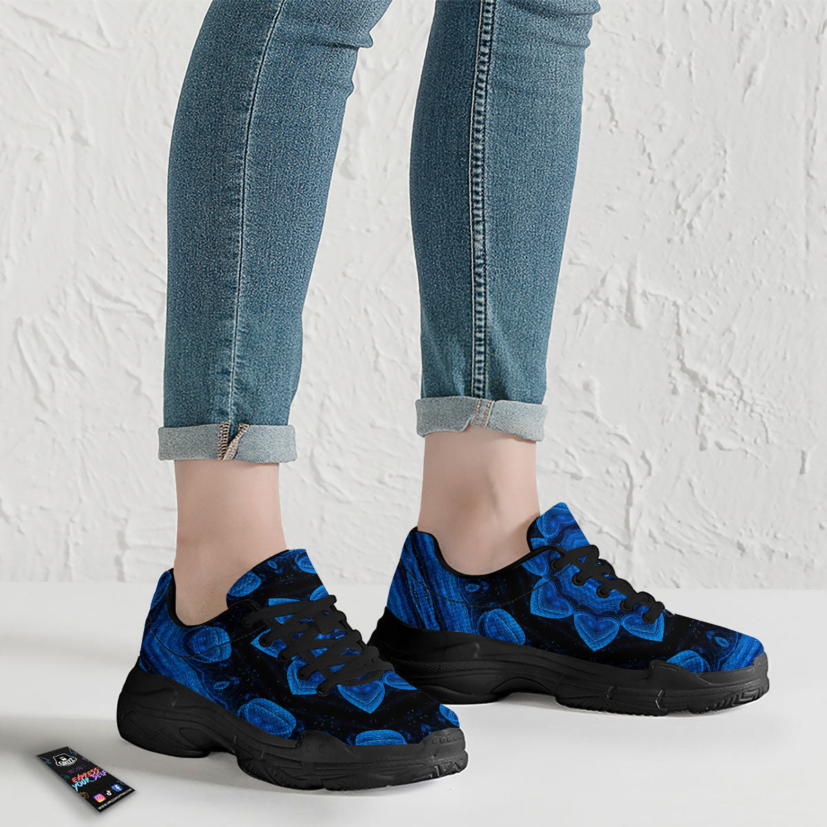 Blue Dark Kaleidoscope Print Black Chunky Shoes-grizzshop