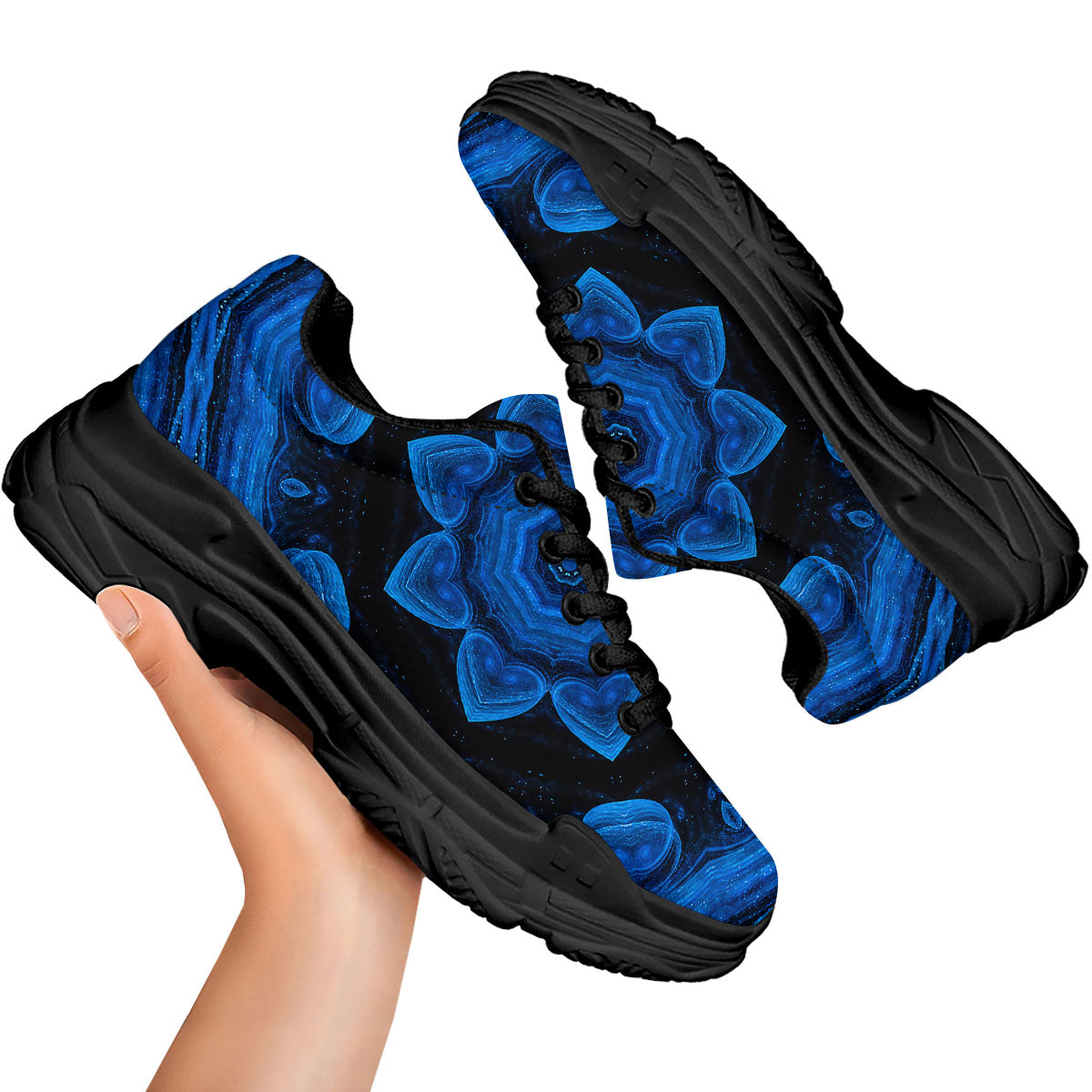 Blue Dark Kaleidoscope Print Black Chunky Shoes-grizzshop