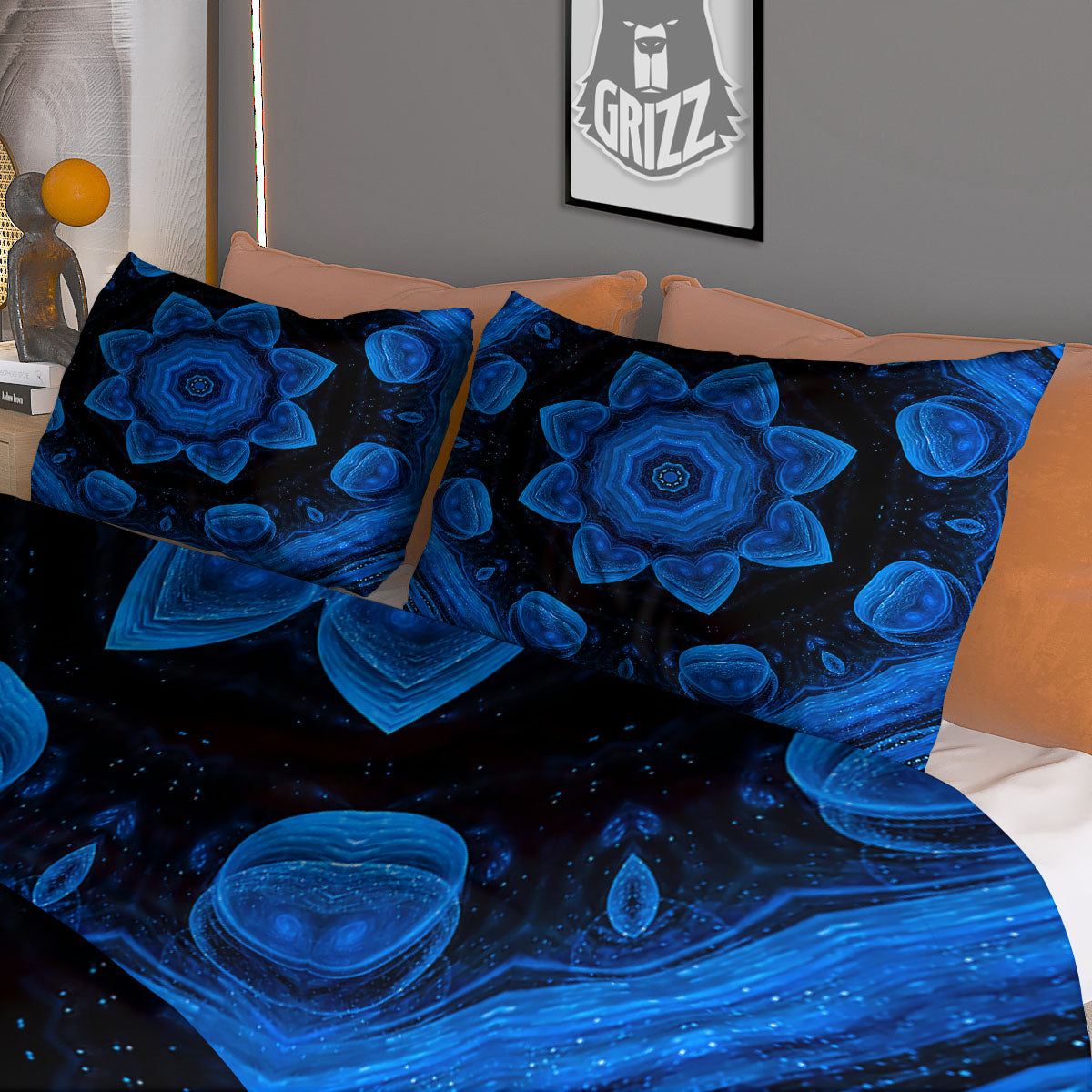 Blue Dark Kaleidoscope Print Duvet Cover Bedding Set