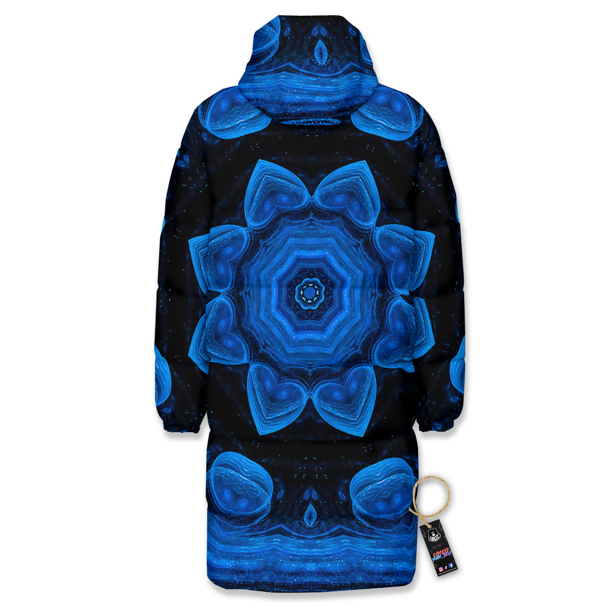 Blue Dark Kaleidoscope Print Long Down Jacket-grizzshop