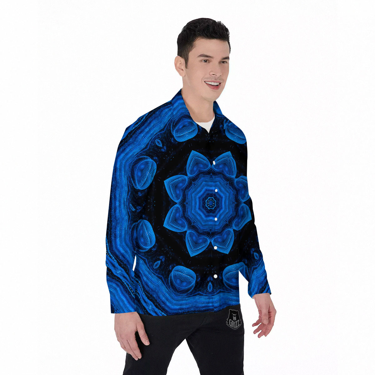 Blue Dark Kaleidoscope Print Men's Long Sleeve Shirts-grizzshop