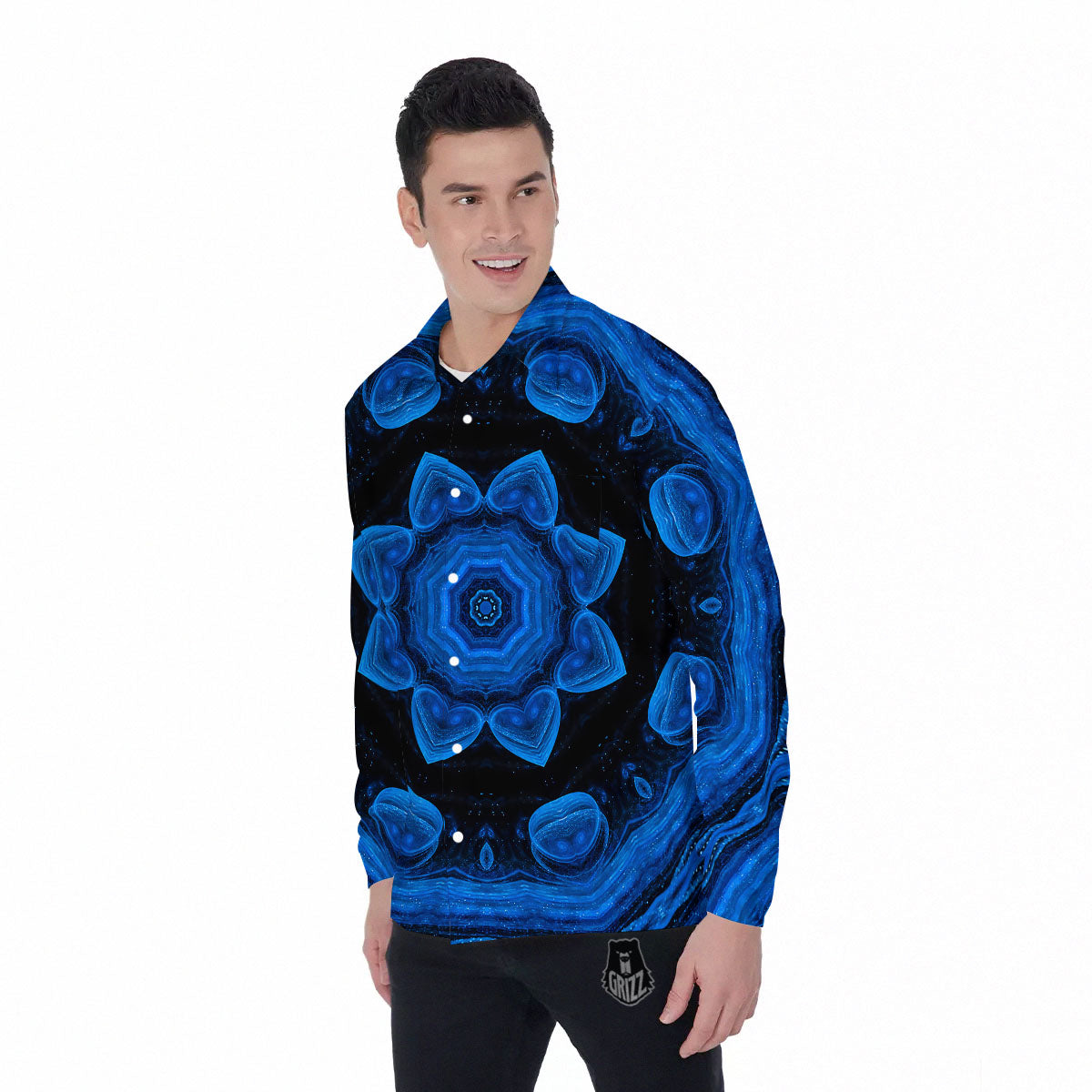 Blue Dark Kaleidoscope Print Men's Long Sleeve Shirts-grizzshop