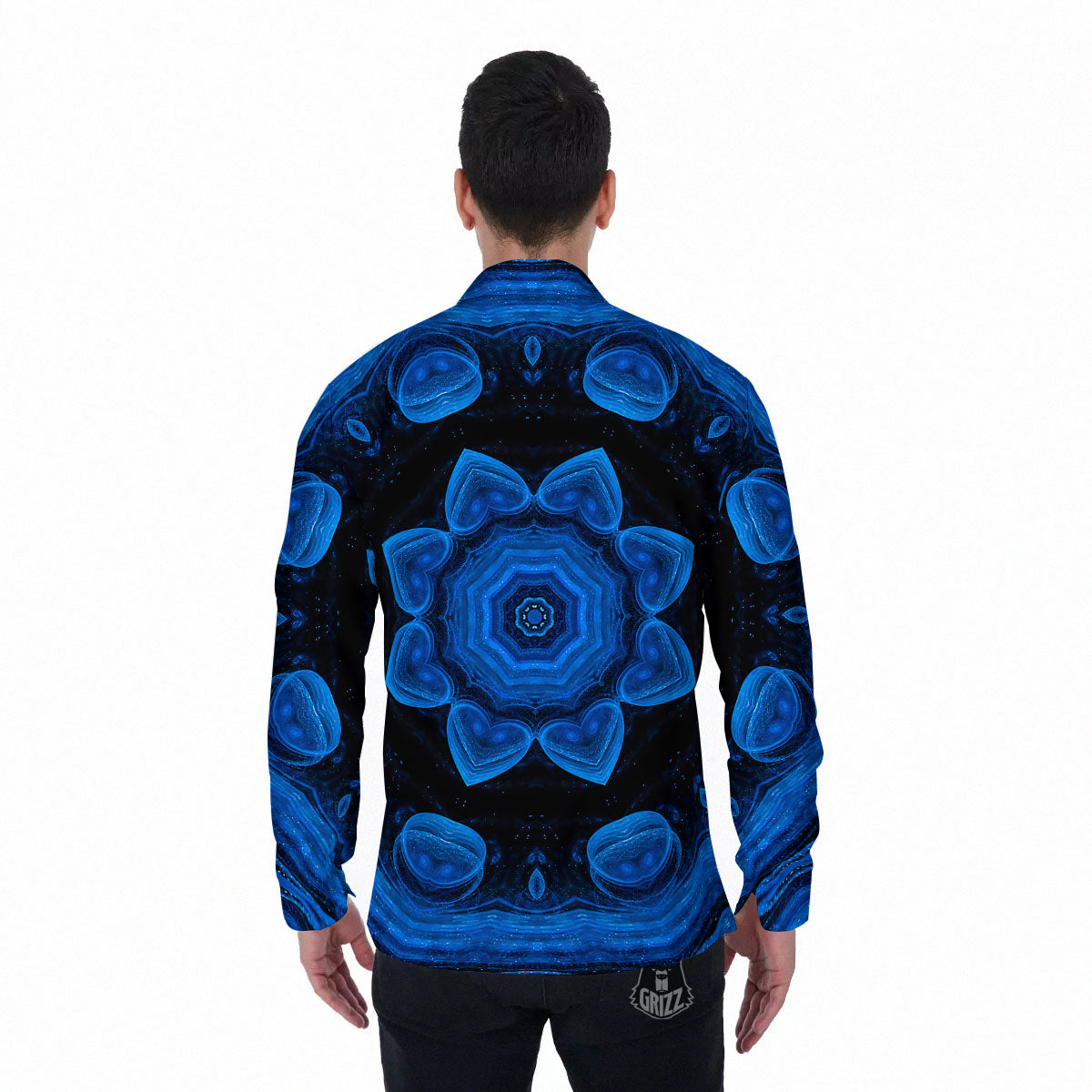 Blue Dark Kaleidoscope Print Men's Long Sleeve Shirts-grizzshop