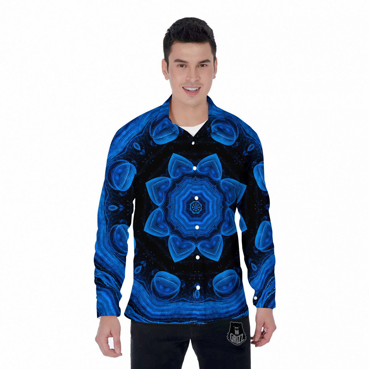 Blue Dark Kaleidoscope Print Men's Long Sleeve Shirts-grizzshop