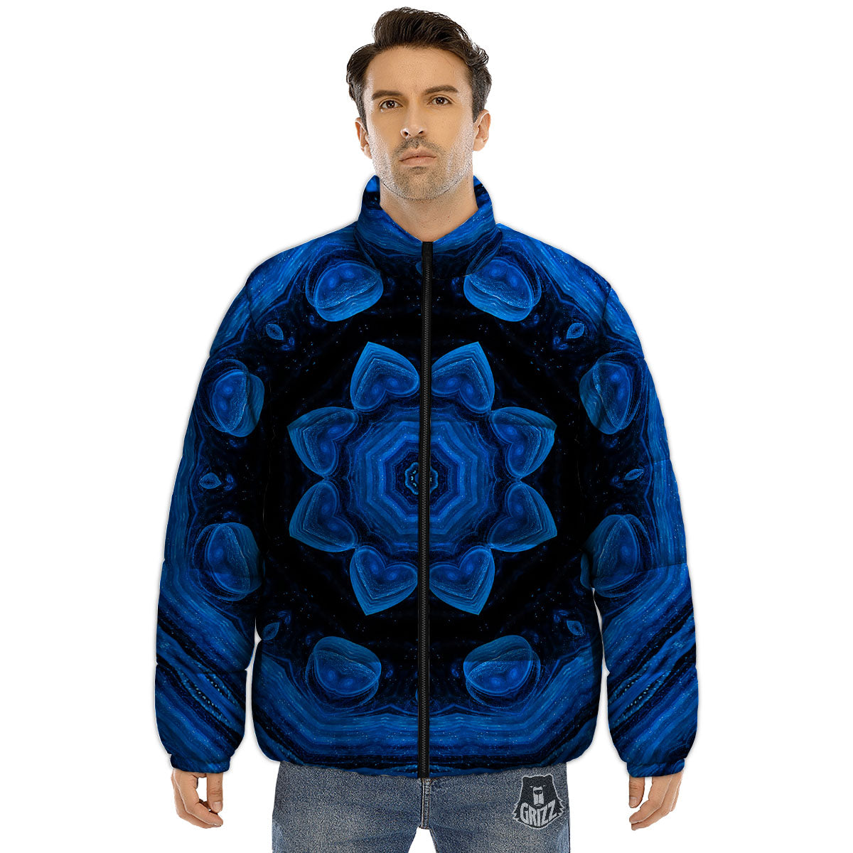 Blue Dark Kaleidoscope Print Puffer Jacket-grizzshop