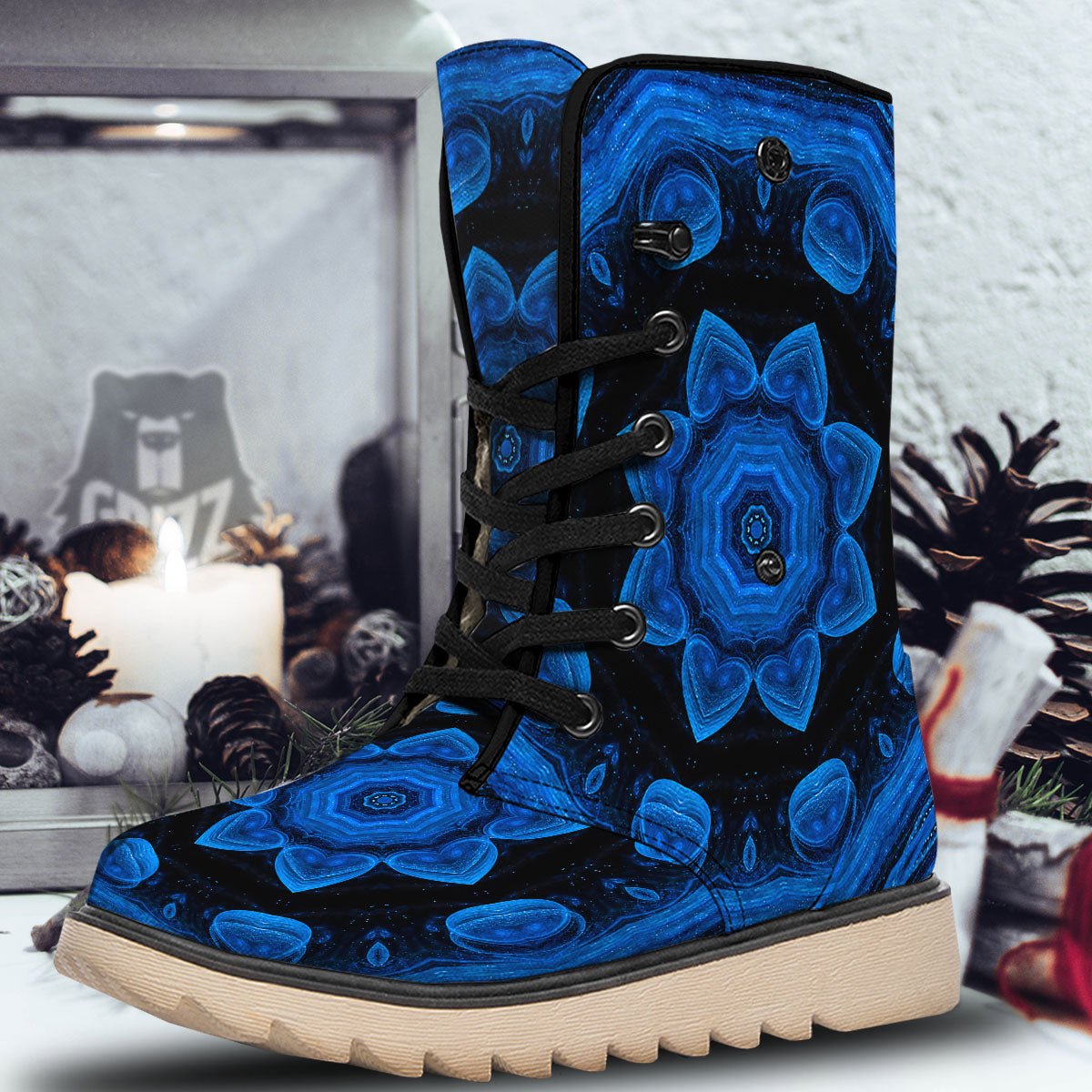 Blue Dark Kaleidoscope Print Snow Boots-grizzshop