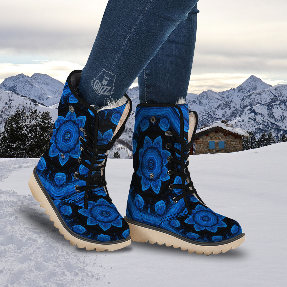 Blue Dark Kaleidoscope Print Snow Boots-grizzshop