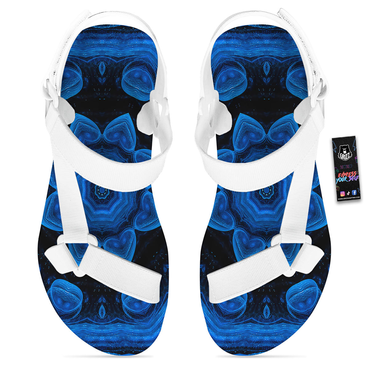 Blue Dark Kaleidoscope Print White Open Toe Sandals-grizzshop