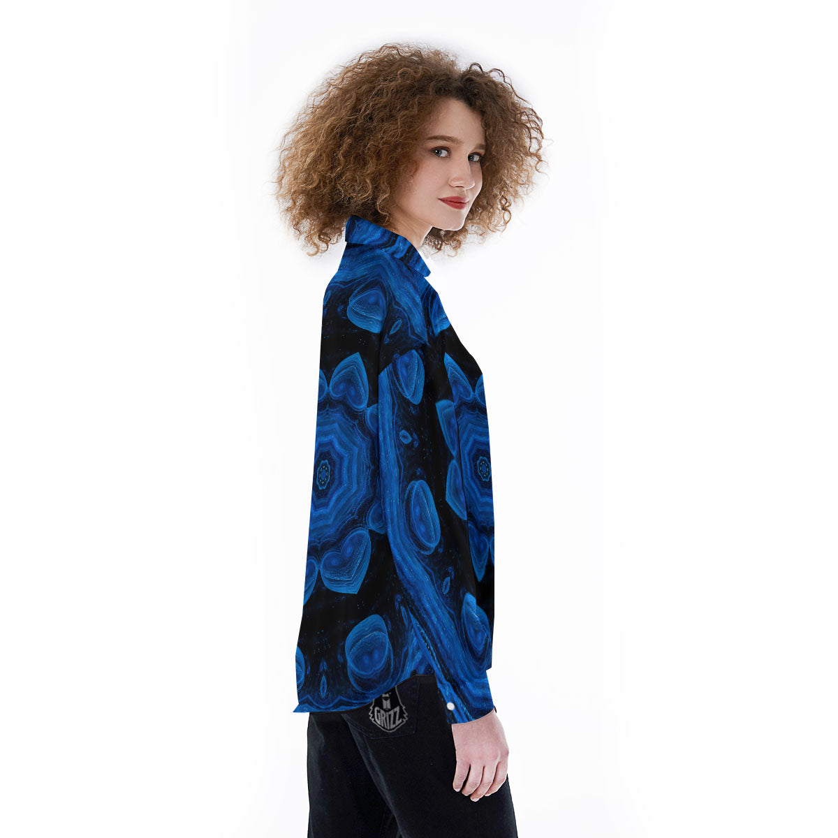 Blue Dark Kaleidoscope Print Women's Long Sleeve Shirts-grizzshop