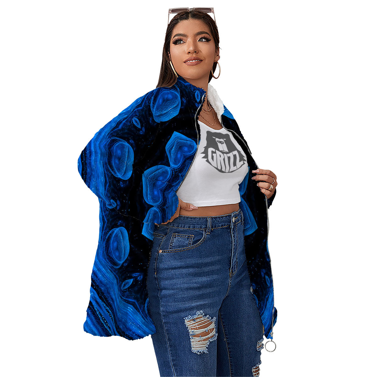 Blue Dark Kaleidoscope Print Women's Sherpa Jacket-grizzshop