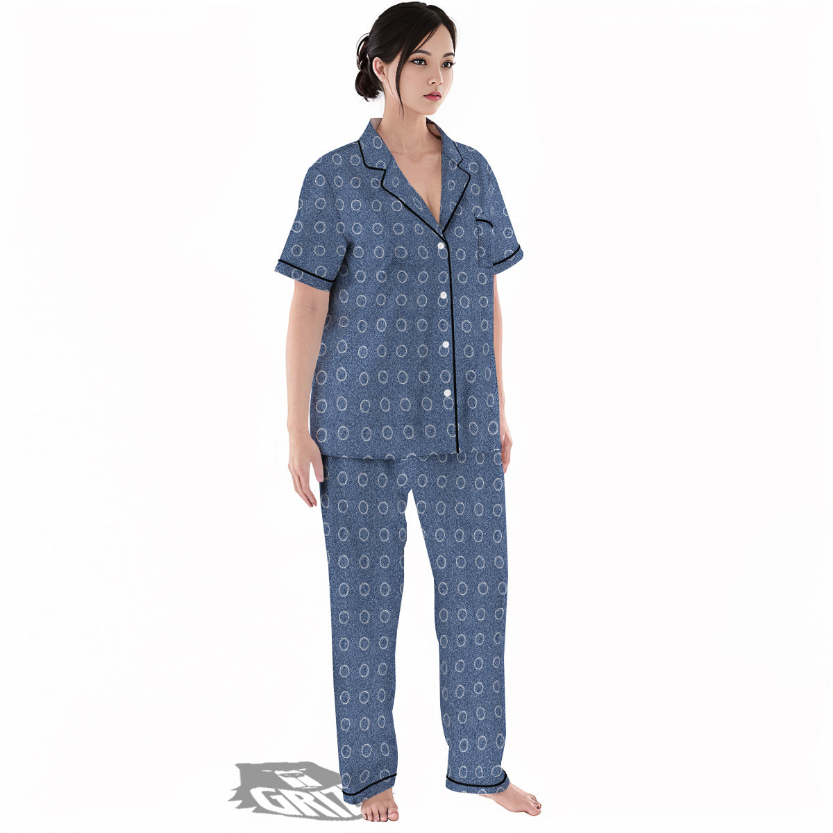 Blue Denim Jeans Polka Dot Print Pattern Women's Pajamas Set-grizzshop