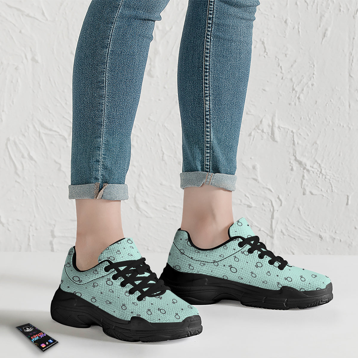 Blue Diamond Ring Print Pattern Black Chunky Shoes-grizzshop