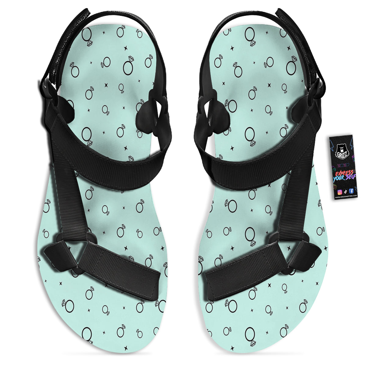 Blue Diamond Ring Print Pattern Black Open Toe Sandals-grizzshop