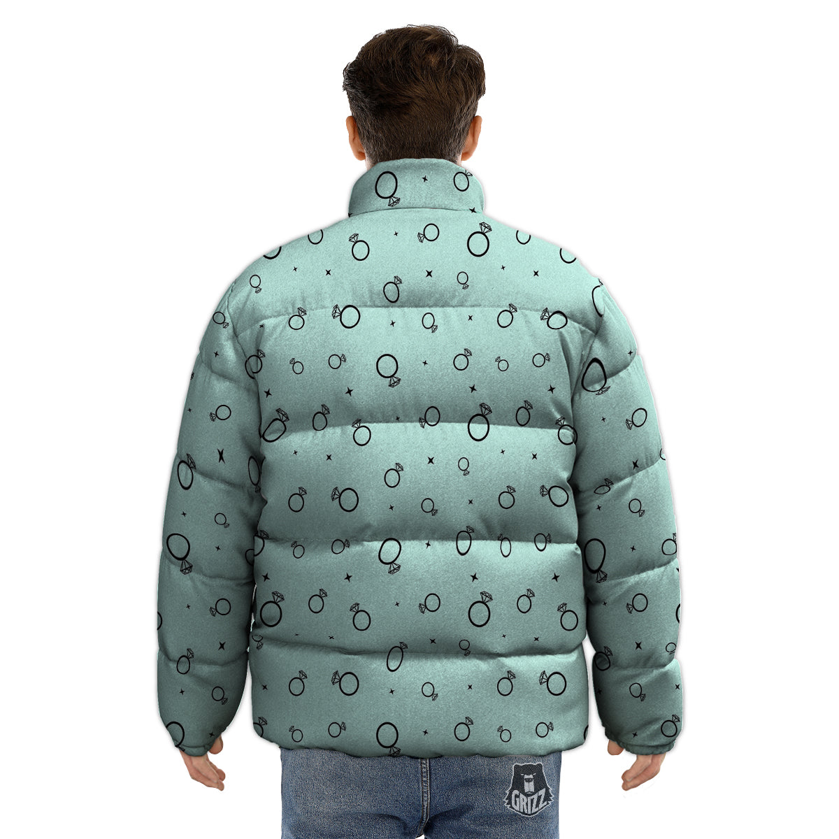 Blue Diamond Ring Print Pattern Puffer Jacket-grizzshop