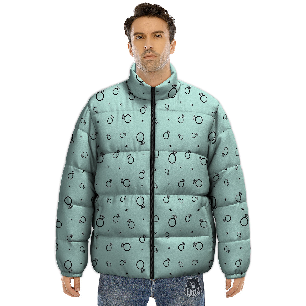Blue Diamond Ring Print Pattern Puffer Jacket-grizzshop