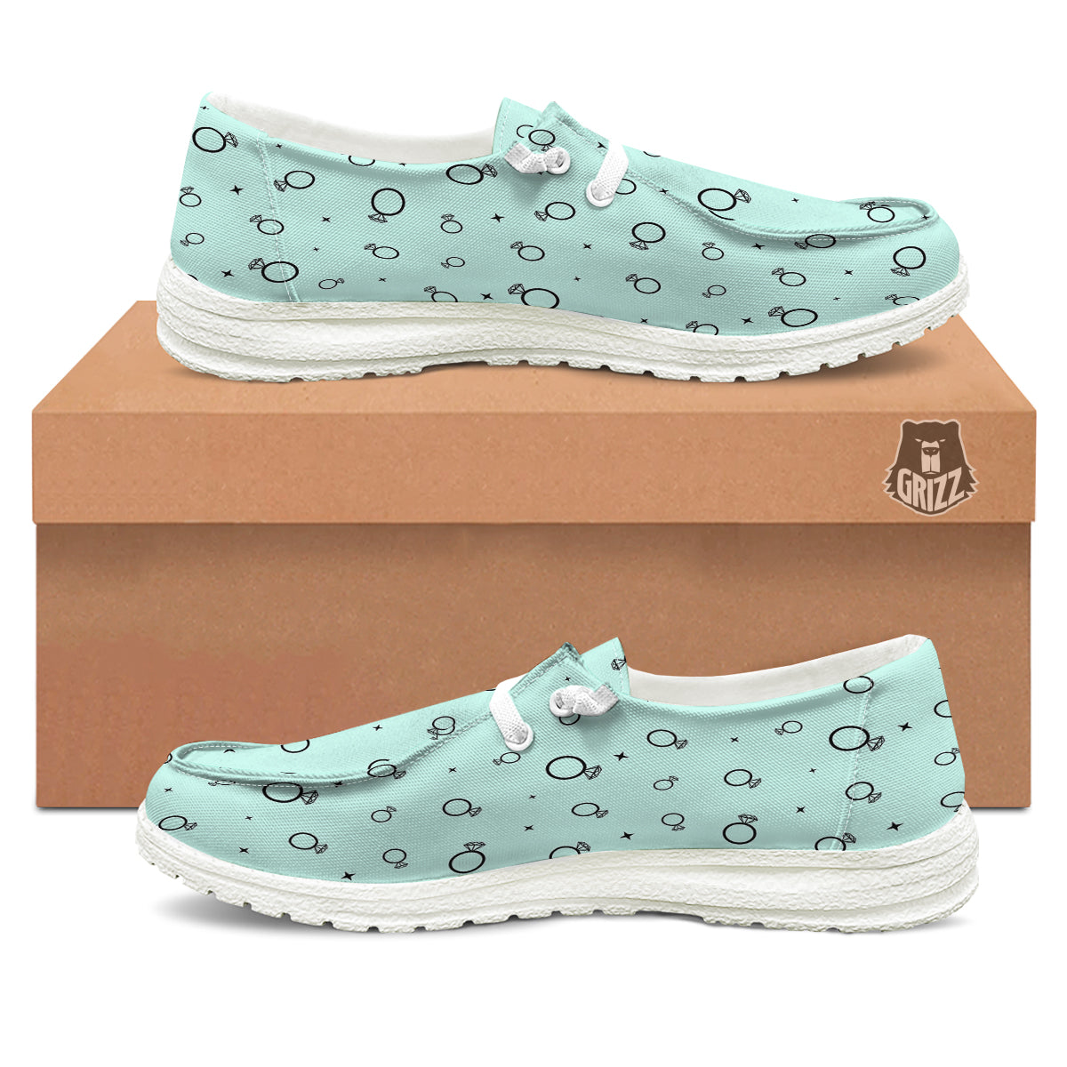 Blue Diamond Ring Print Pattern White Loafers-grizzshop