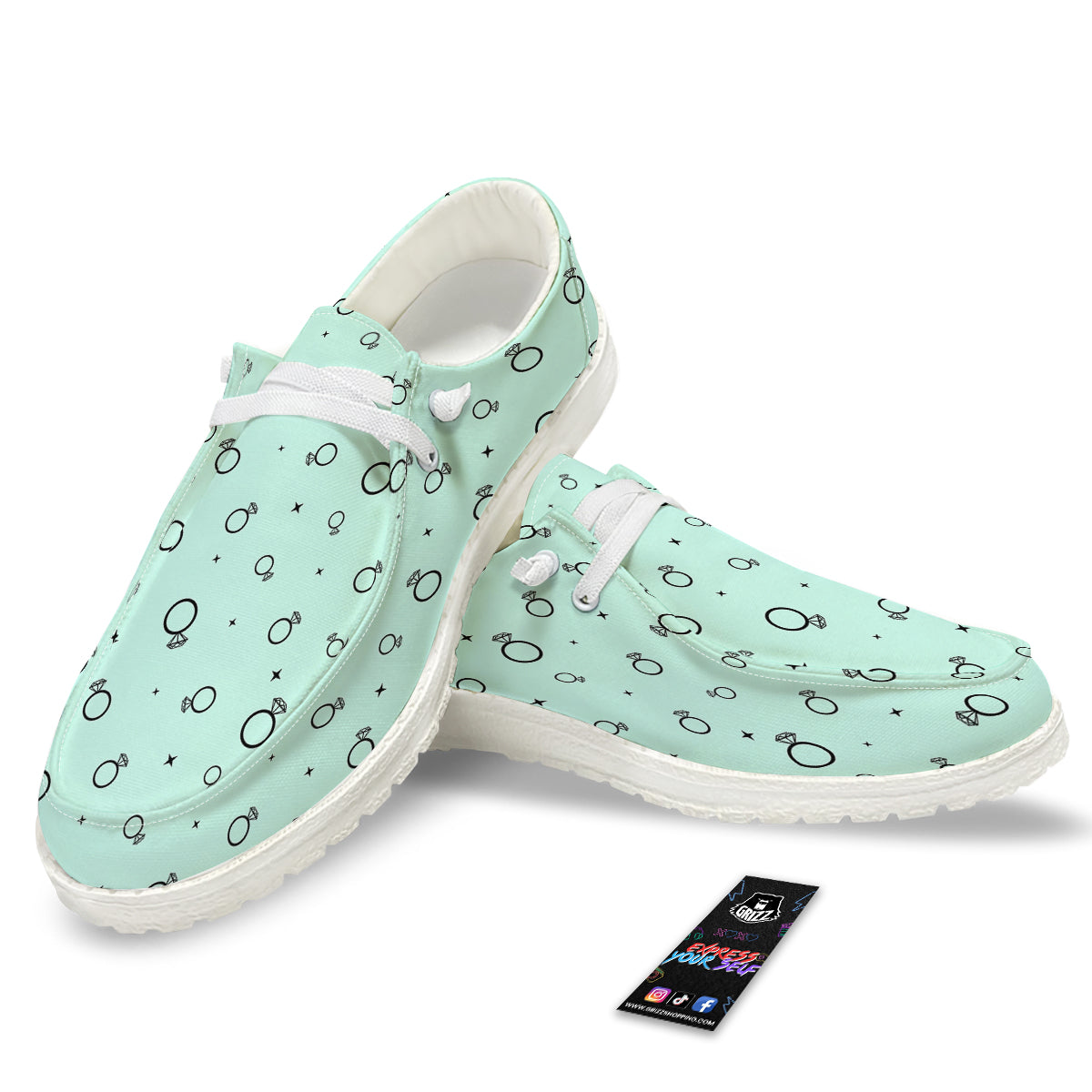 Blue Diamond Ring Print Pattern White Loafers-grizzshop