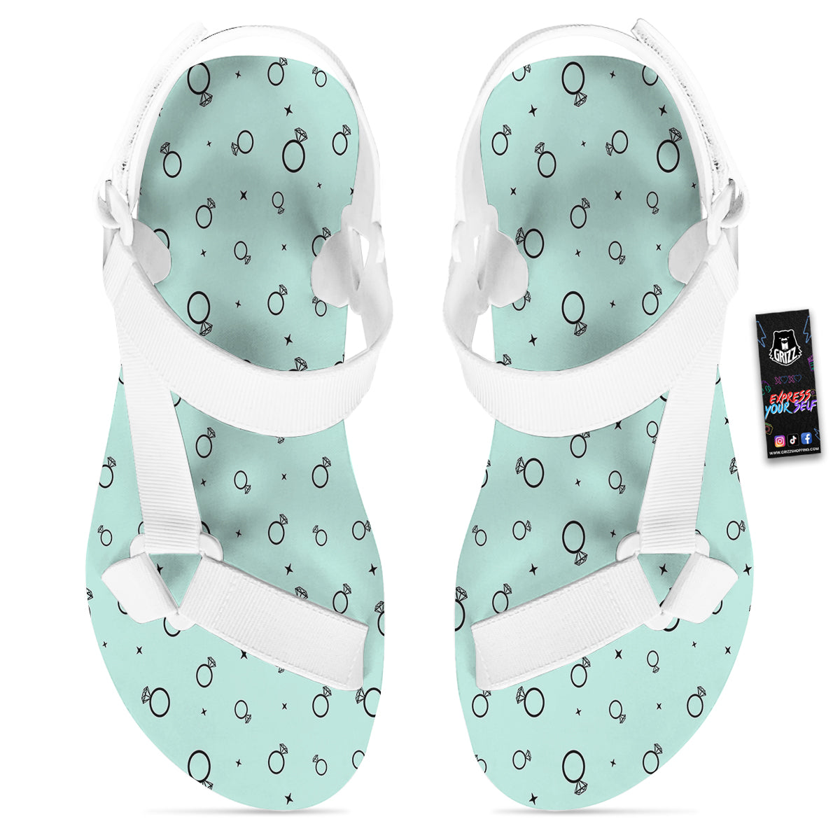 Blue Diamond Ring Print Pattern White Open Toe Sandals-grizzshop