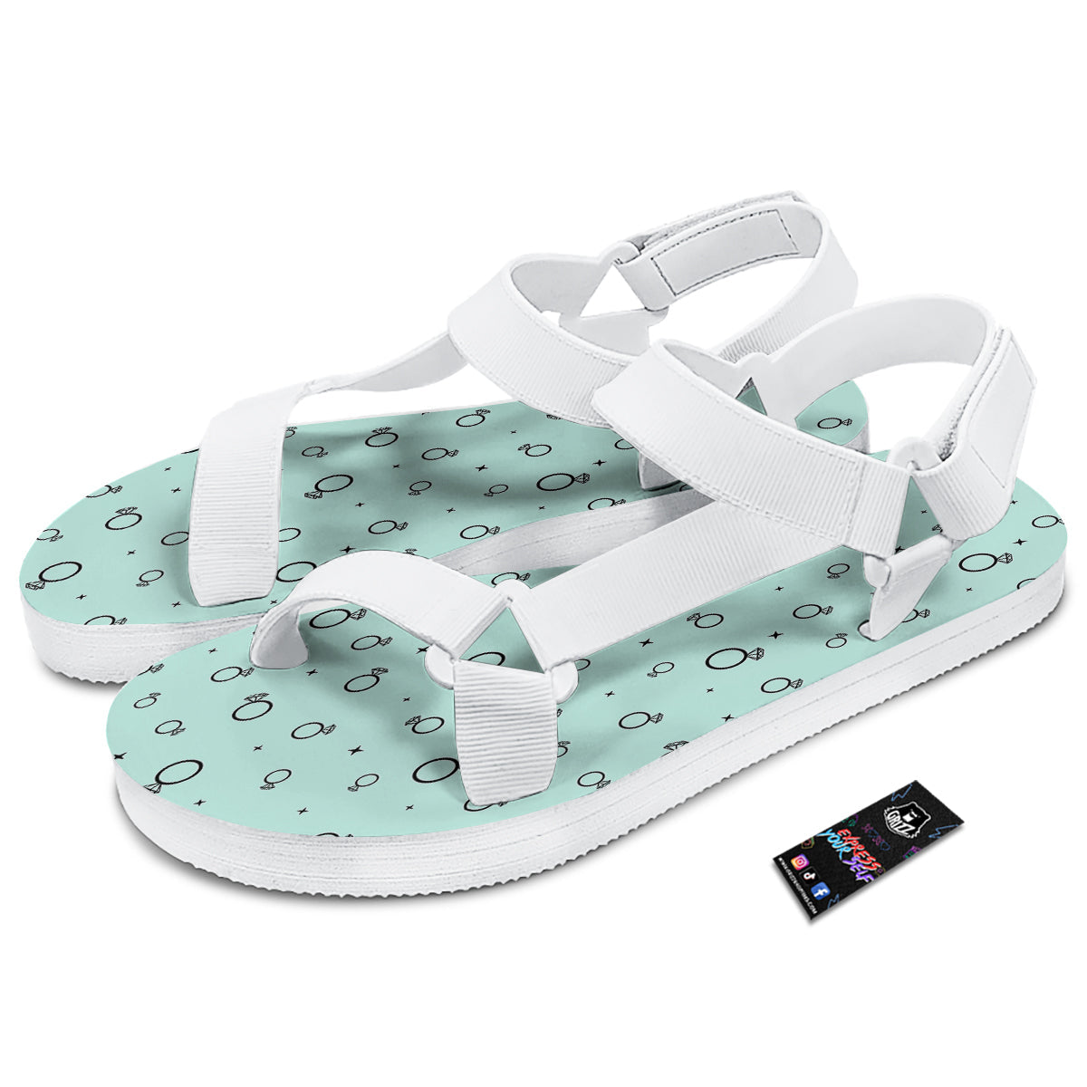Blue Diamond Ring Print Pattern White Open Toe Sandals-grizzshop