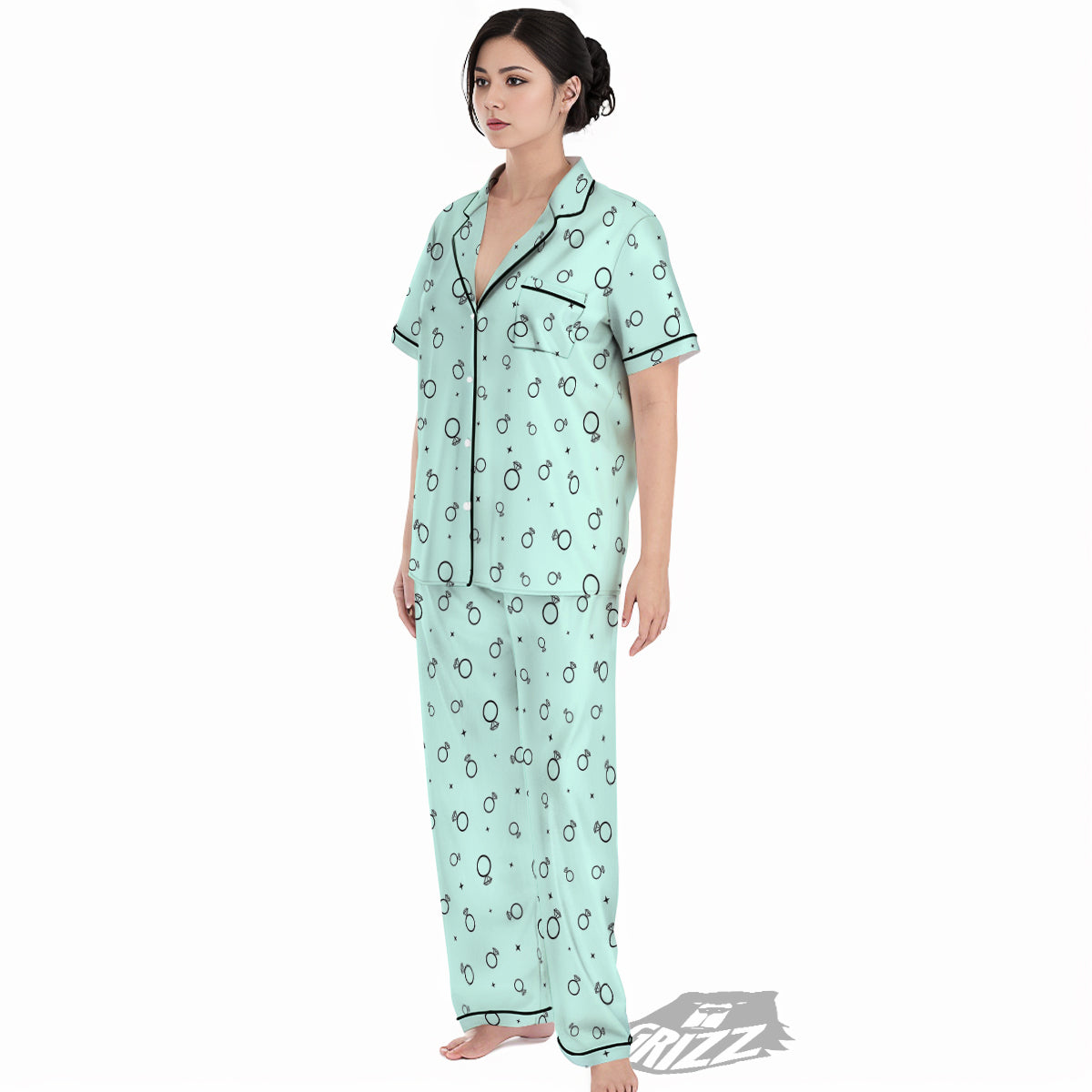 Blue Diamond Ring Print Pattern Women's Pajamas Set-grizzshop