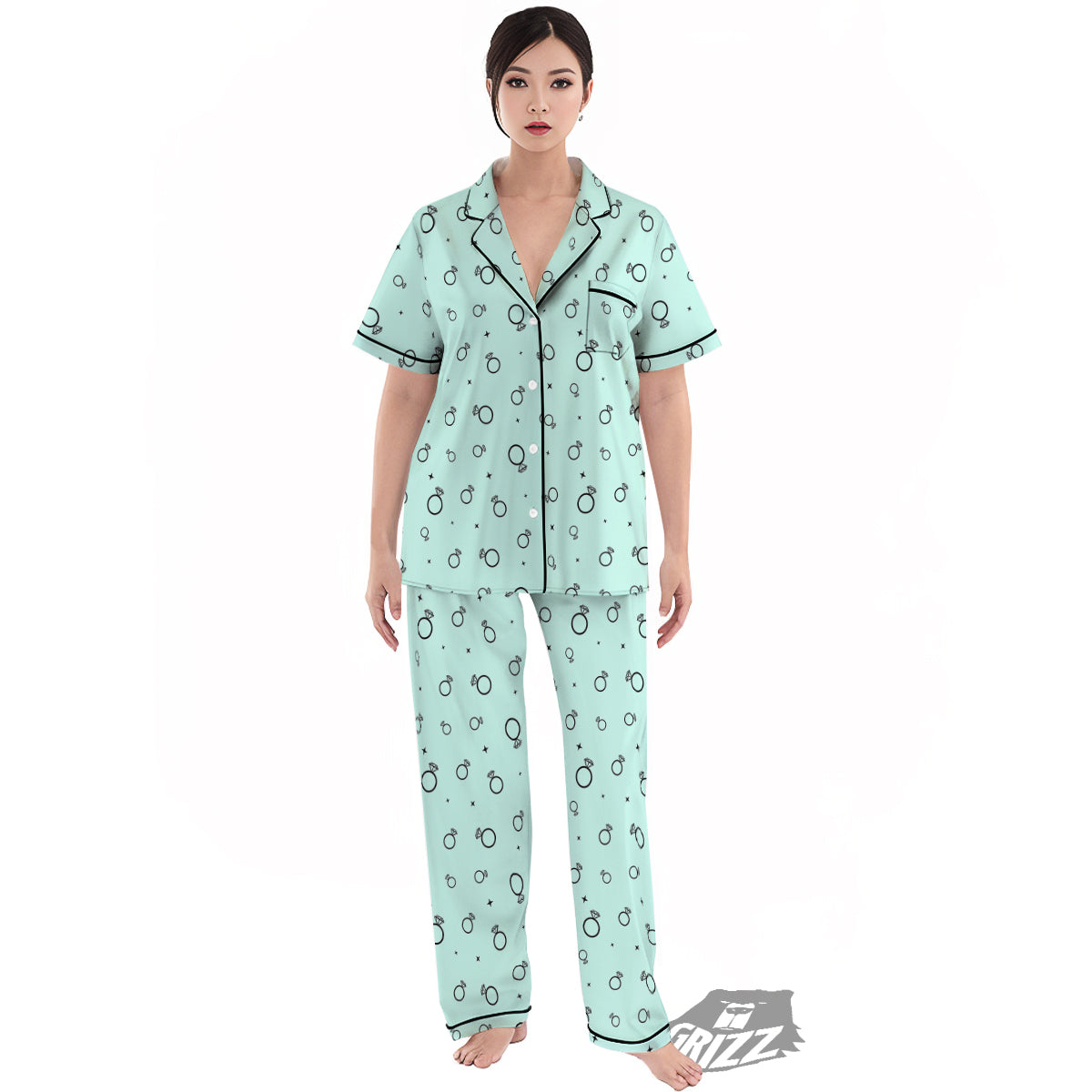 Blue Diamond Ring Print Pattern Women's Pajamas Set-grizzshop