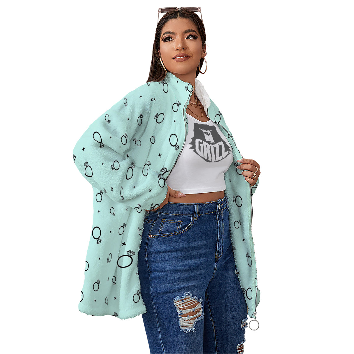 Blue Diamond Ring Print Pattern Women's Sherpa Jacket-grizzshop