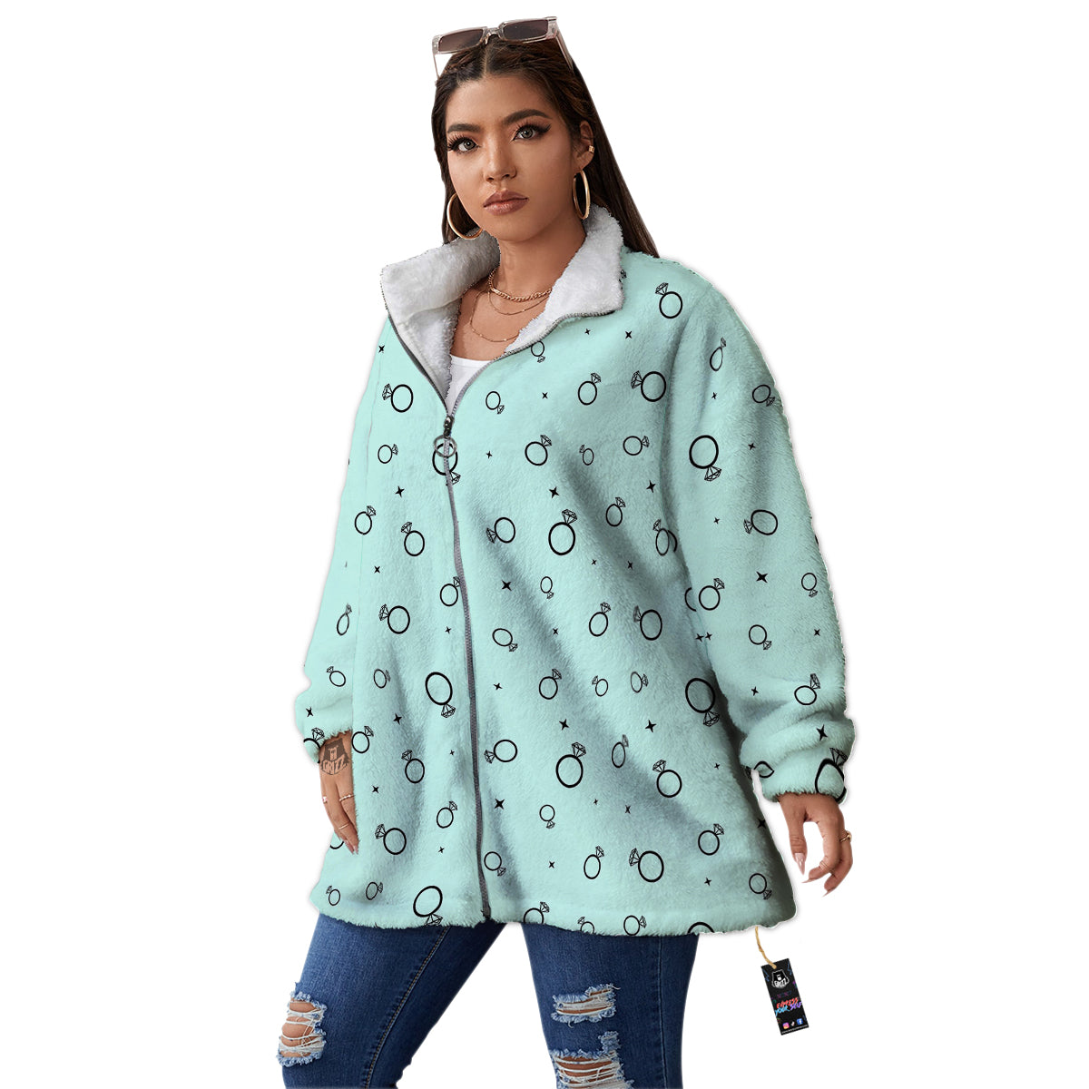 Blue Diamond Ring Print Pattern Women's Sherpa Jacket-grizzshop