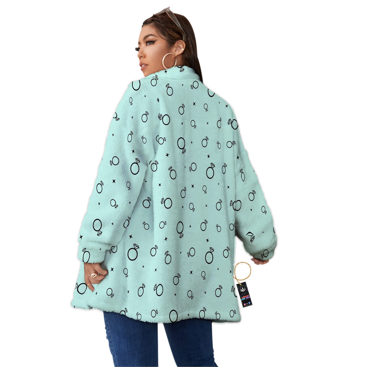 Blue Diamond Ring Print Pattern Women's Sherpa Jacket-grizzshop