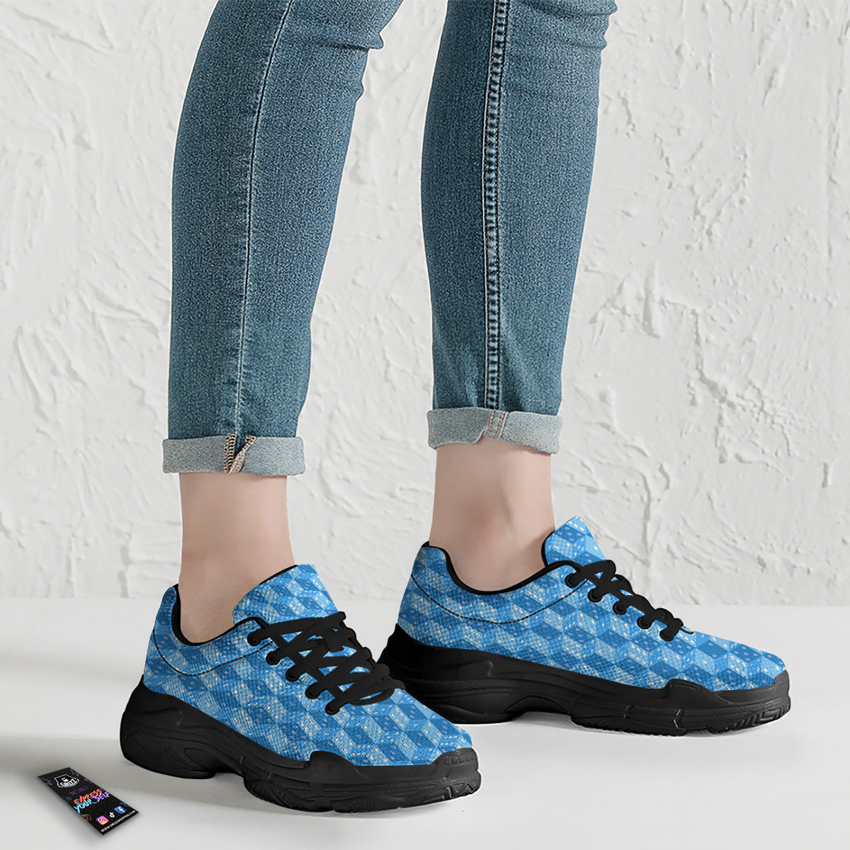 Blue Dice Casino Print Pattern Black Chunky Shoes-grizzshop