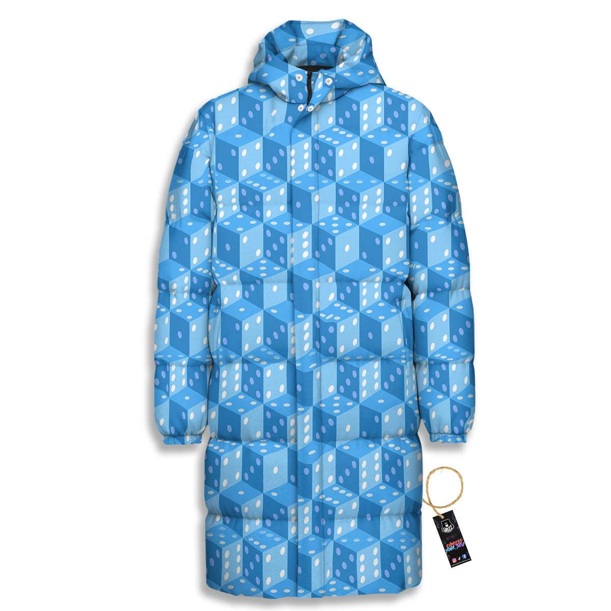 Blue Dice Casino Print Pattern Long Down Jacket-grizzshop