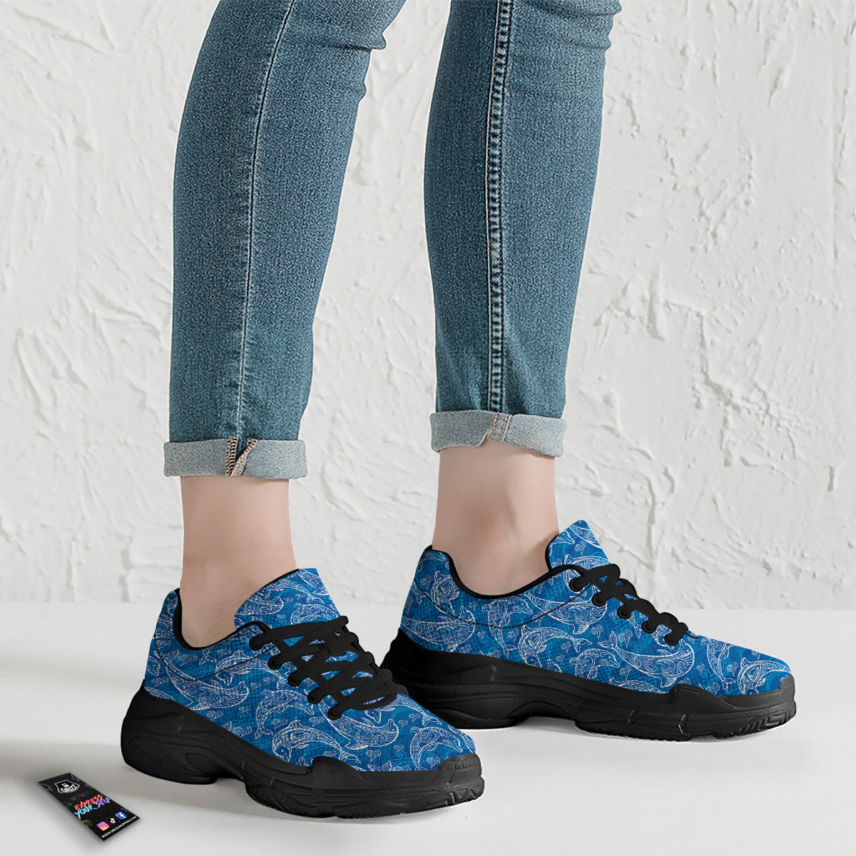 Blue Dolphins Ethnic Print Pattern Black Chunky Shoes-grizzshop