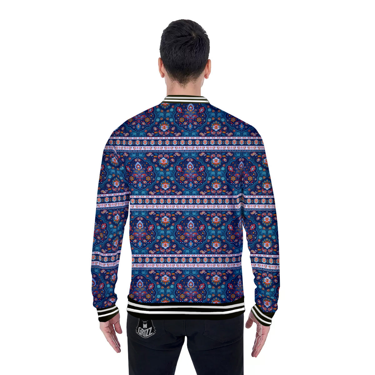 Blue Ethnic Mandala Print Pattern Baseball Jacket-grizzshop