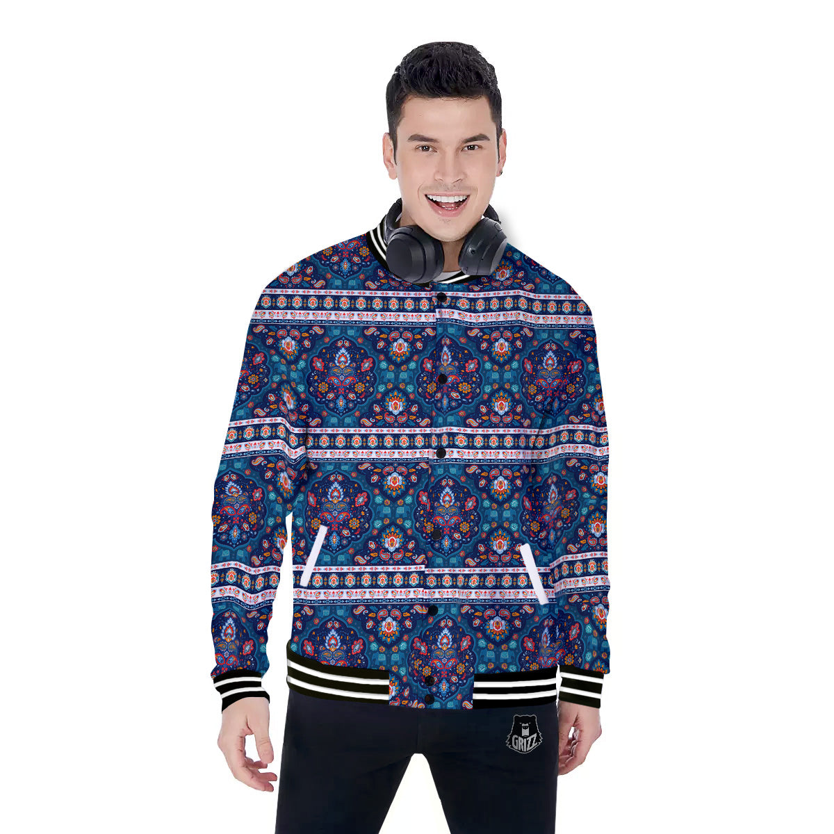 Blue Ethnic Mandala Print Pattern Baseball Jacket-grizzshop