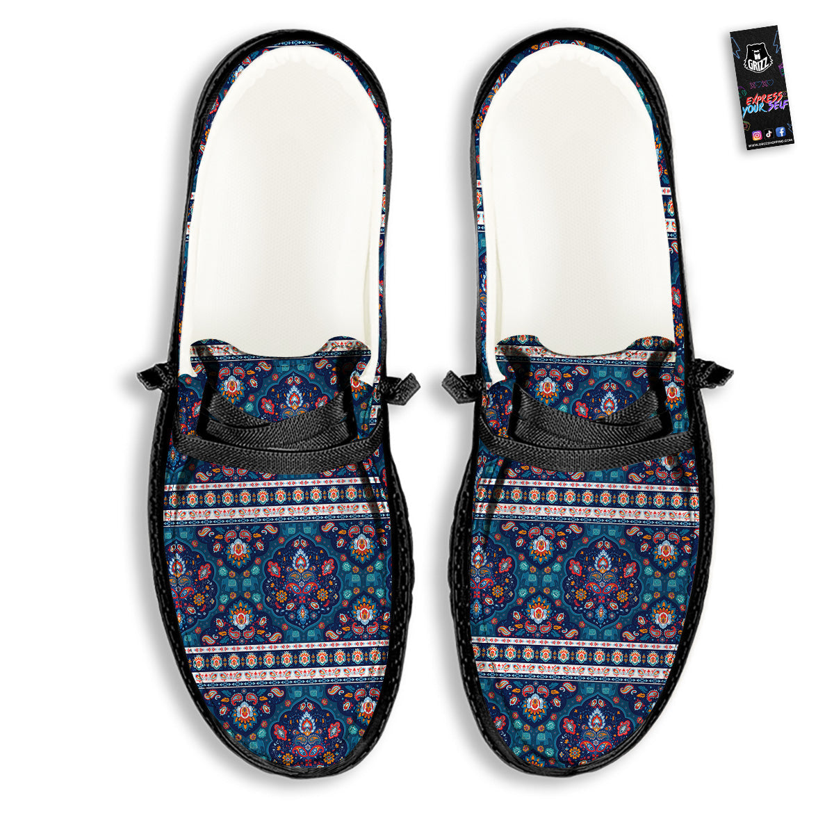 Blue Ethnic Mandala Print Pattern Black Loafers-grizzshop