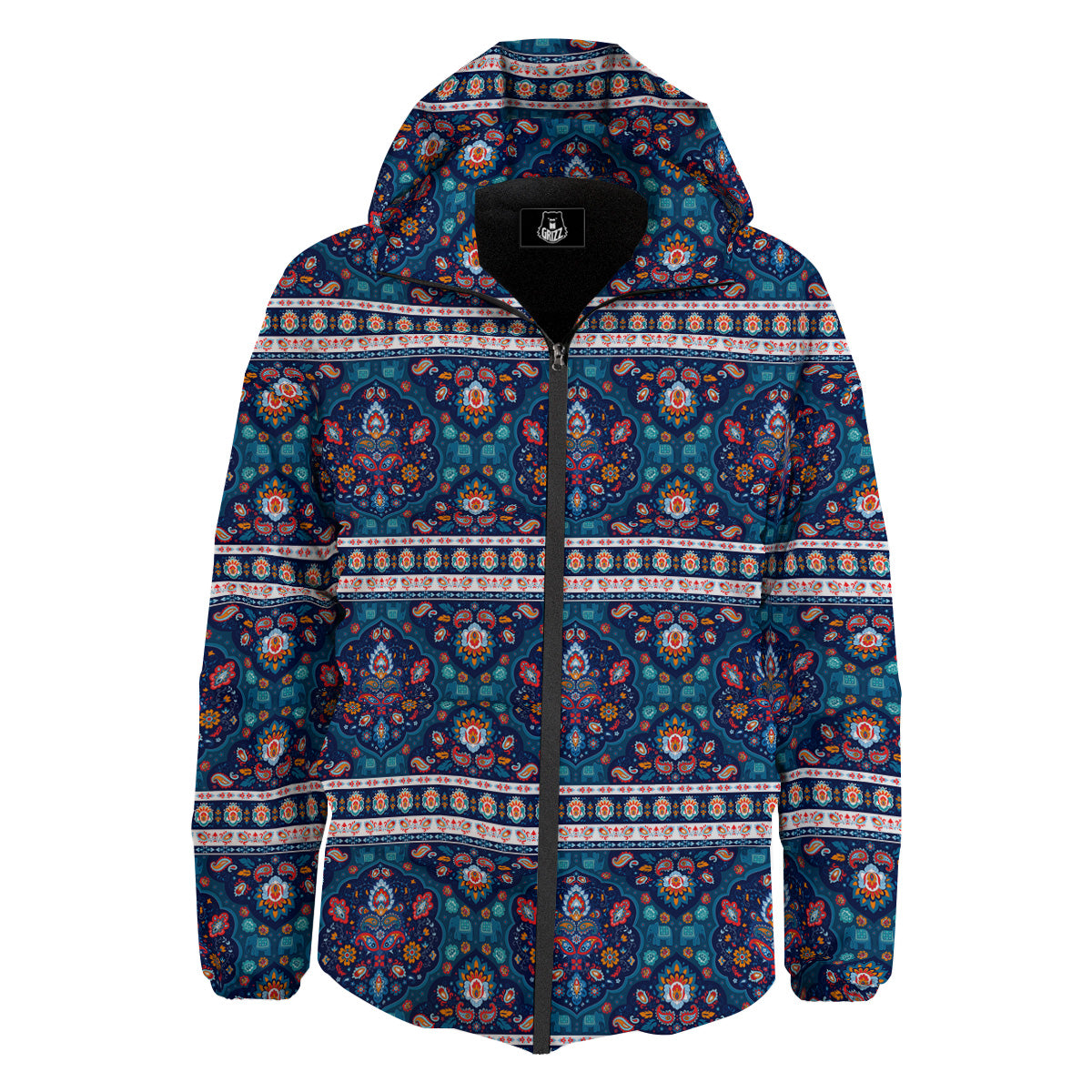Blue Ethnic Mandala Print Pattern Down Jacket-grizzshop
