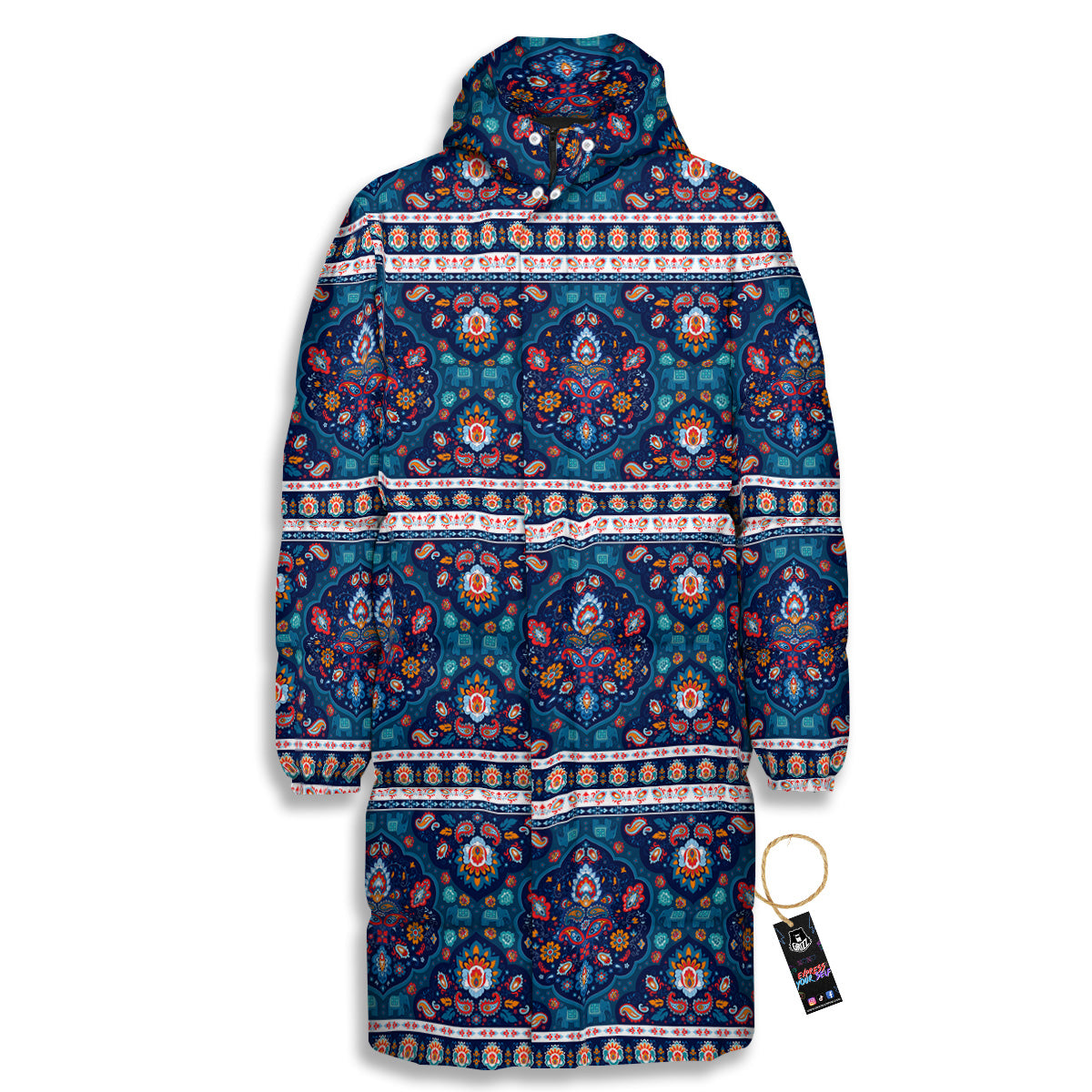 Blue Ethnic Mandala Print Pattern Long Down Jacket-grizzshop