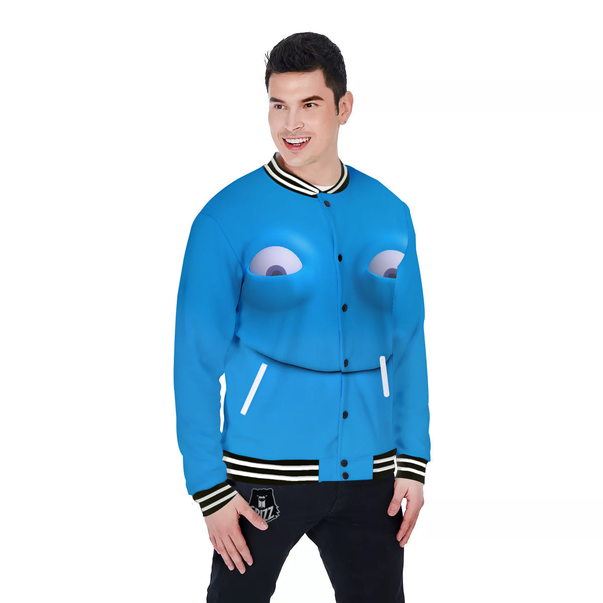 Blue Face Cartoon Emoticon Character Print Baseball Jacket-grizzshop