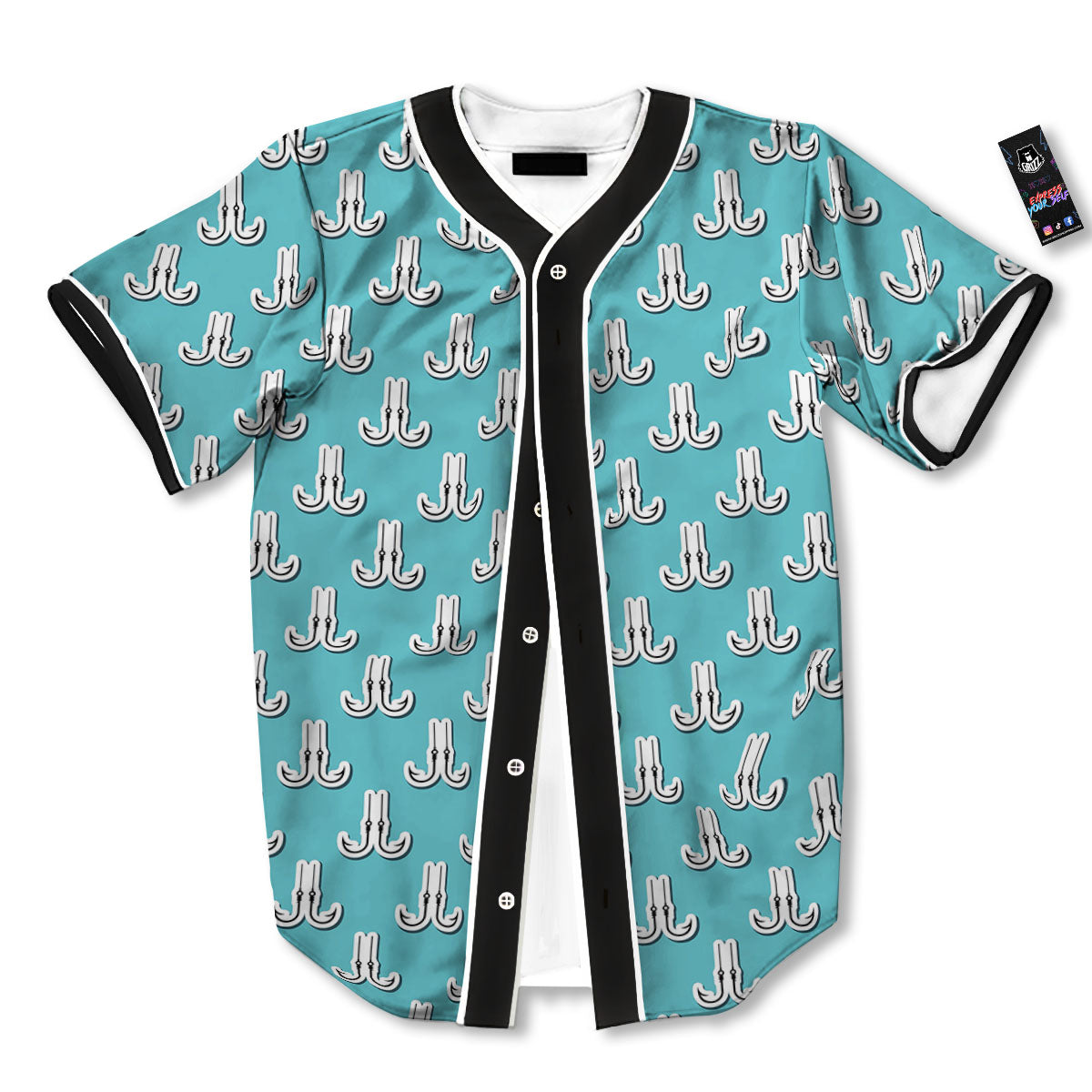 Blue Fish Hook Print Pattern Baseball Jersey-grizzshop