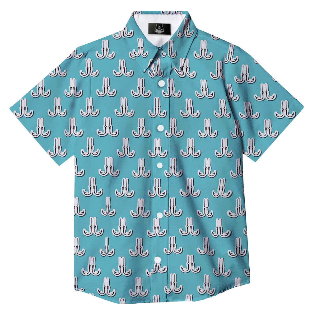 Blue Fish Hook Print Pattern Button Up Shirt-grizzshop