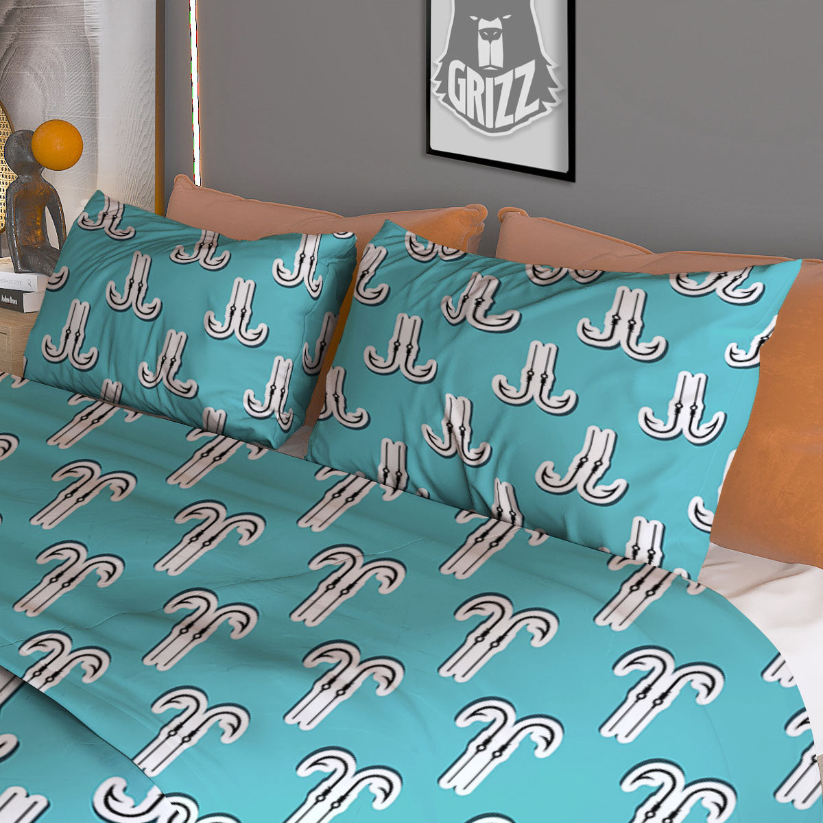 Blue Fish Hook Print Pattern Duvet Cover Bedding Set-grizzshop