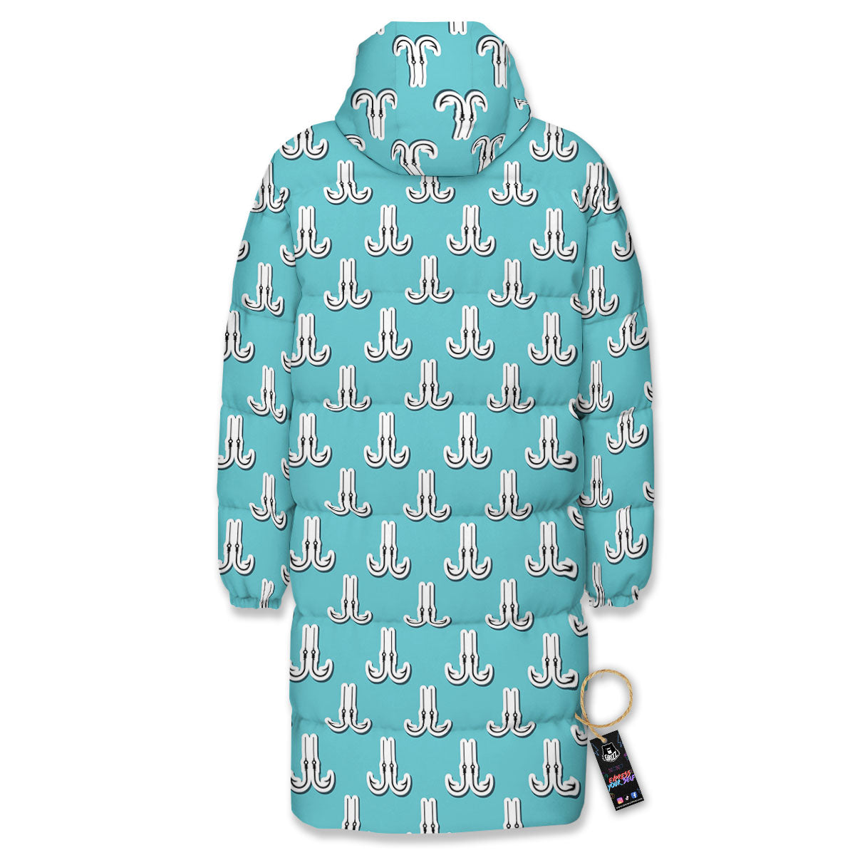 Blue Fish Hook Print Pattern Long Down Jacket-grizzshop