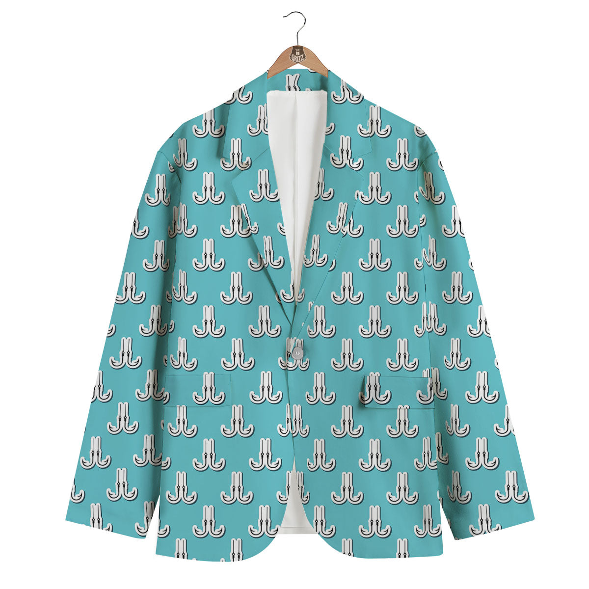 Blue Fish Hook Print Pattern Men's Blazer-grizzshop