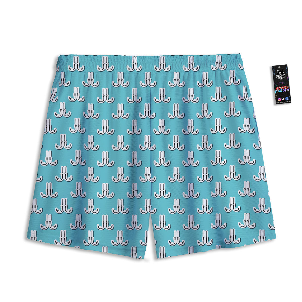 Blue Fish Hook Print Pattern Mesh Shorts-grizzshop