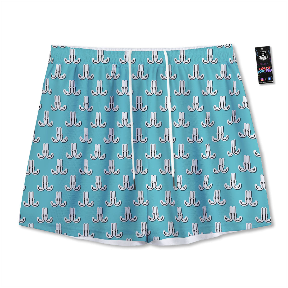 Blue Fish Hook Print Pattern Mesh Shorts-grizzshop
