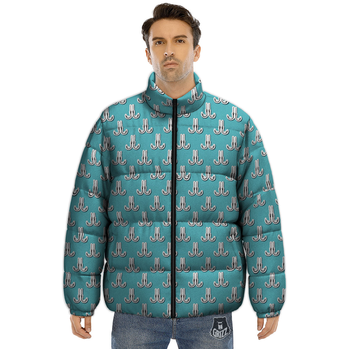 Blue Fish Hook Print Pattern Puffer Jacket-grizzshop