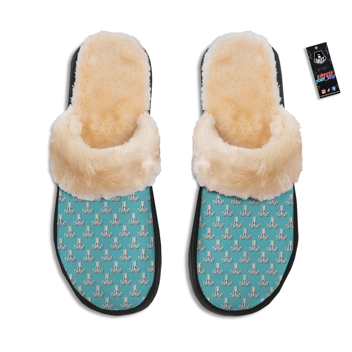 Blue Fish Hook Print Pattern Slippers-grizzshop