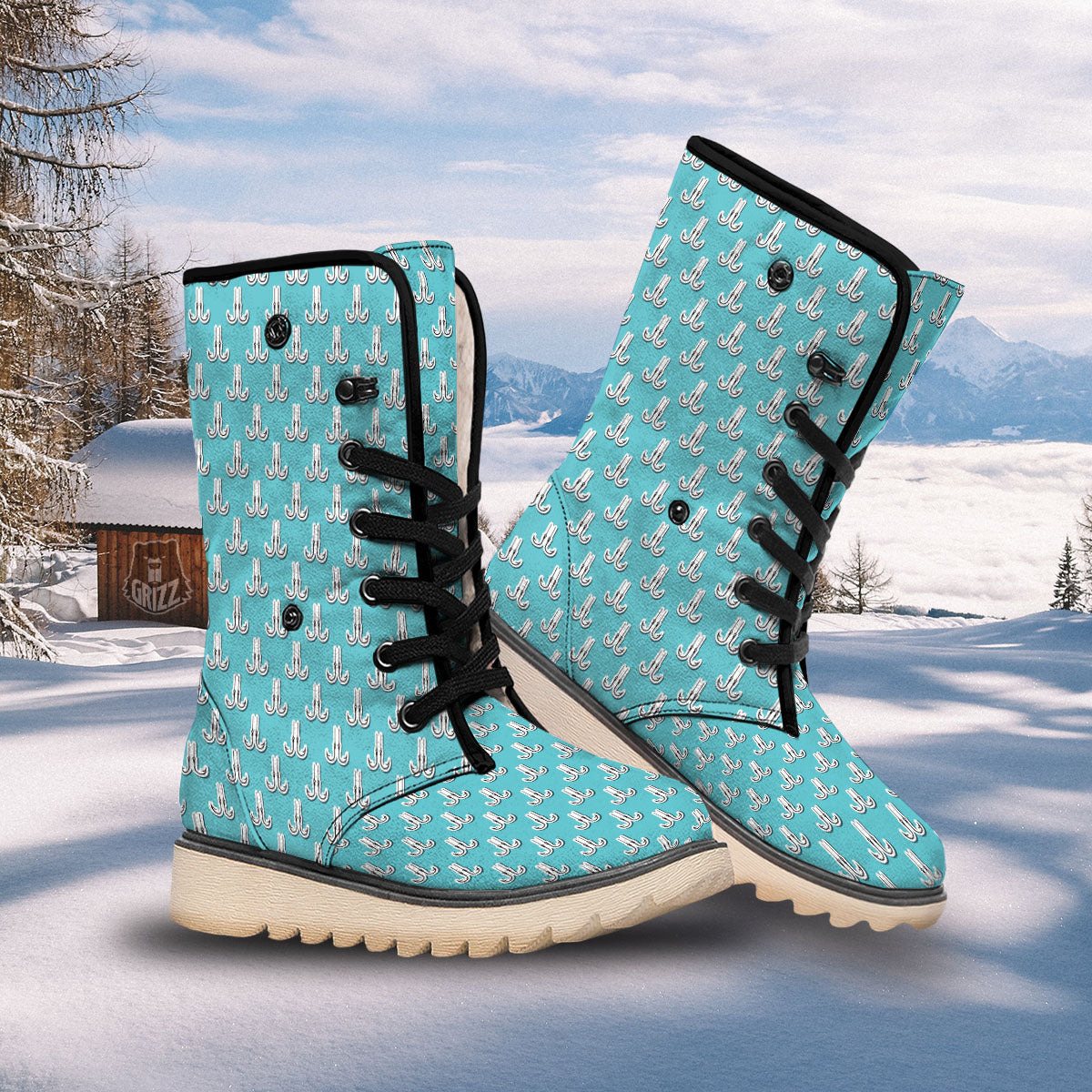 Blue Fish Hook Print Pattern Snow Boots-grizzshop